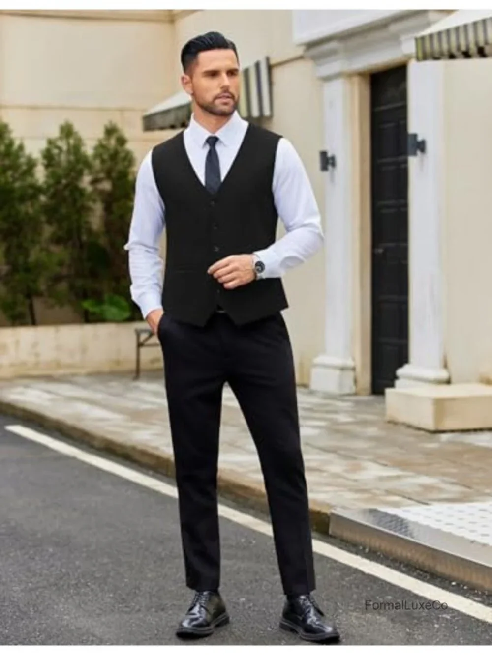 Men's Linen Slim Fit Vest Dress Waistcoat V-Neck Button Suit Vest